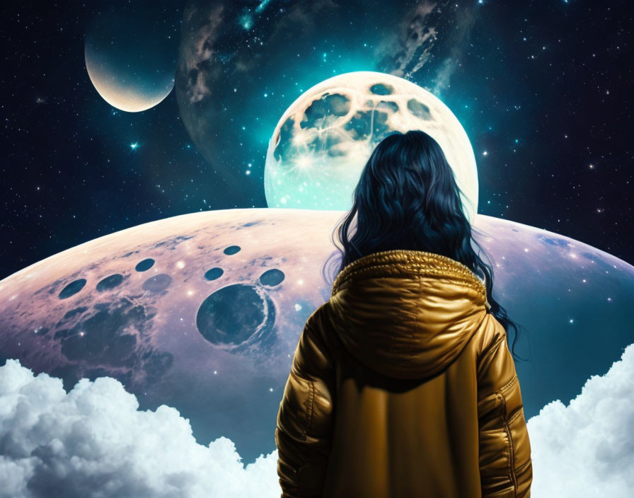 Person in yellow jacket under cosmic sky with multiple moons.