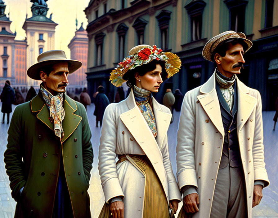 Vintage attired individuals with elegant hats and ornate bandanas on classical architecture street