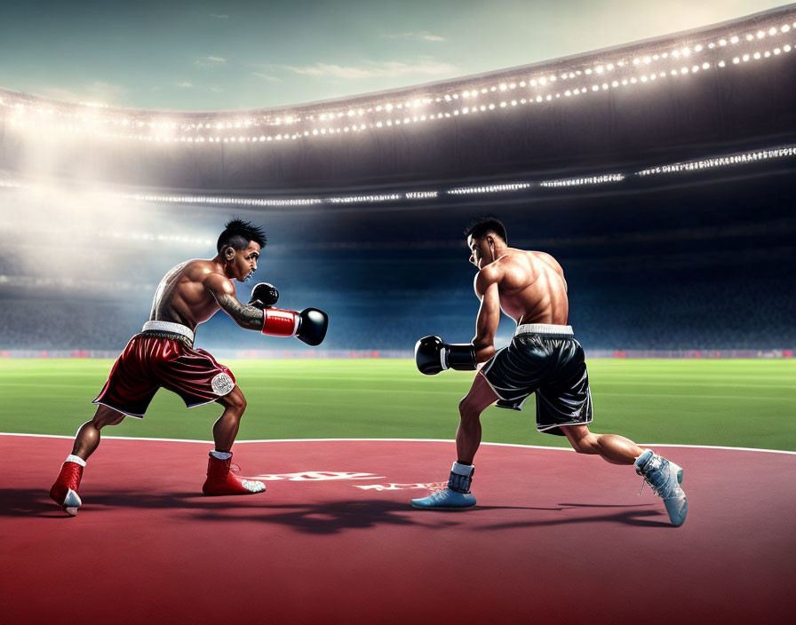 Male boxers exchanging punches in a brightly lit stadium ring