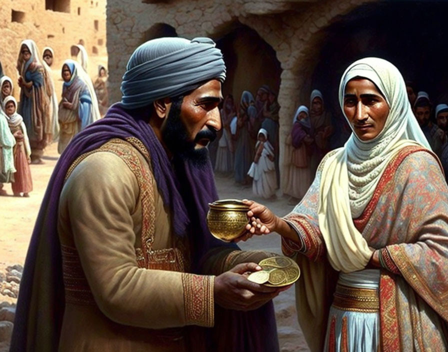 Man and woman exchange gold coins in Middle Eastern market scene