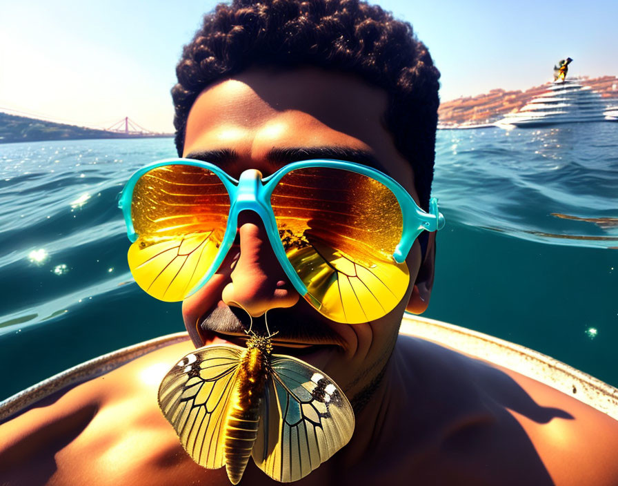 Reflective sunglasses with butterfly detail floating on water with coastline in background