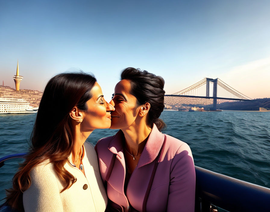 Two women enjoying a sunset by the water with a bridge and cityscape in the background.