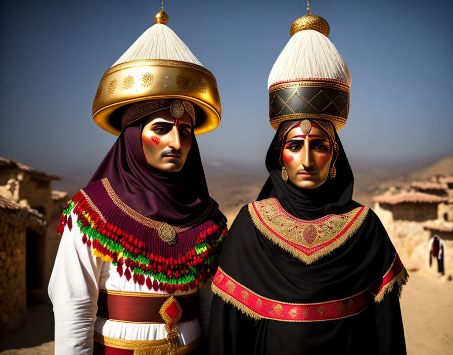 Traditional Middle Eastern attire on two individuals in desert setting