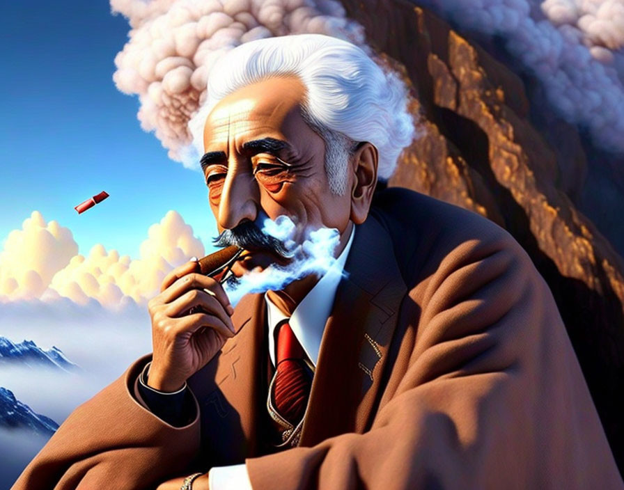 Elderly man in suit with white hair and mustache smoking cigar against mountain backdrop