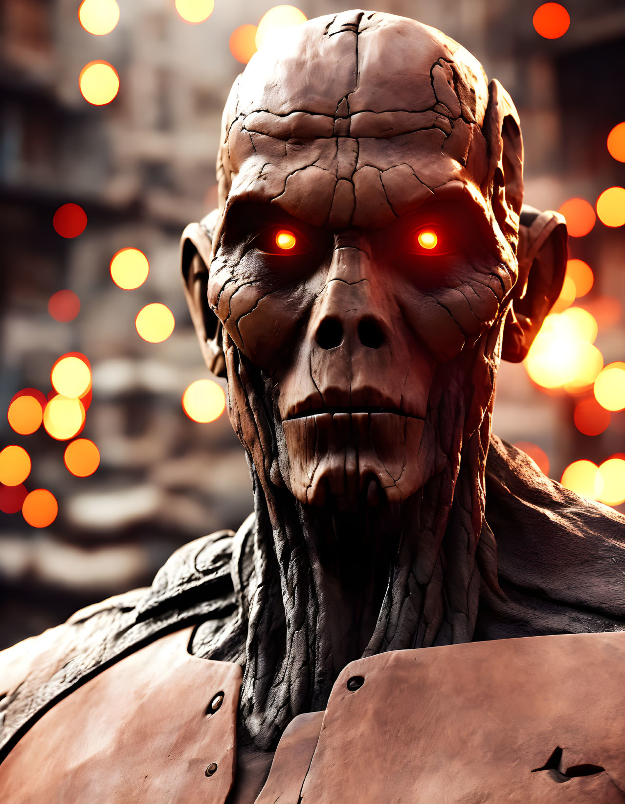 Cracked stone-like humanoid figure with glowing red eyes in orange lights