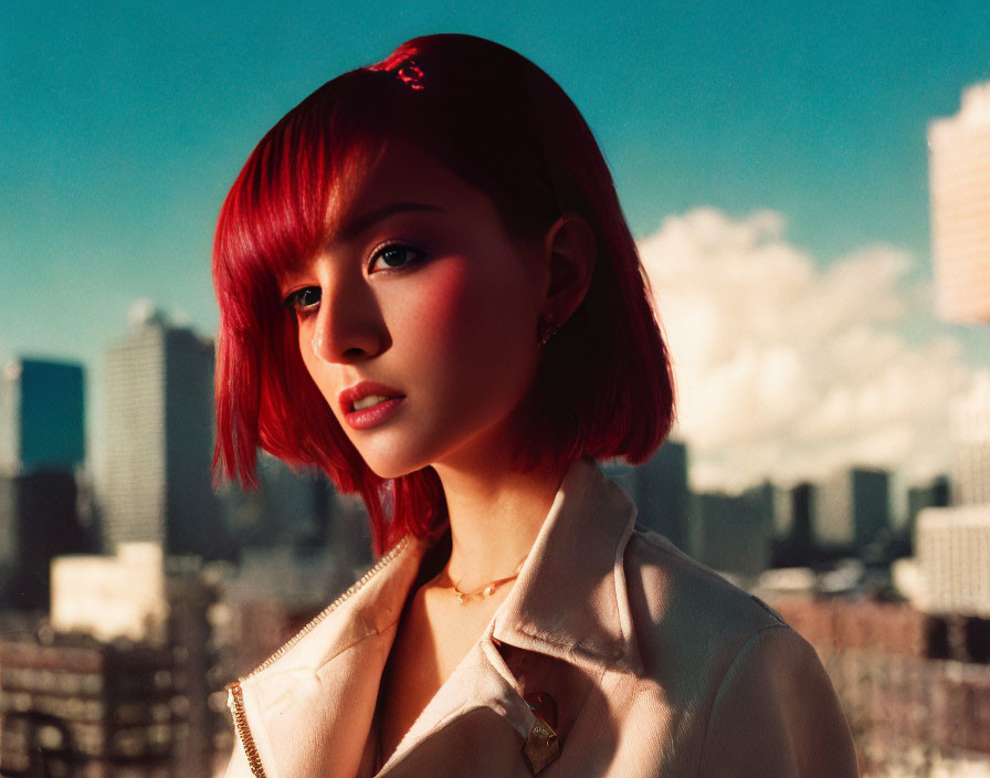 Red-haired woman in beige jacket against cityscape in warm sunlight