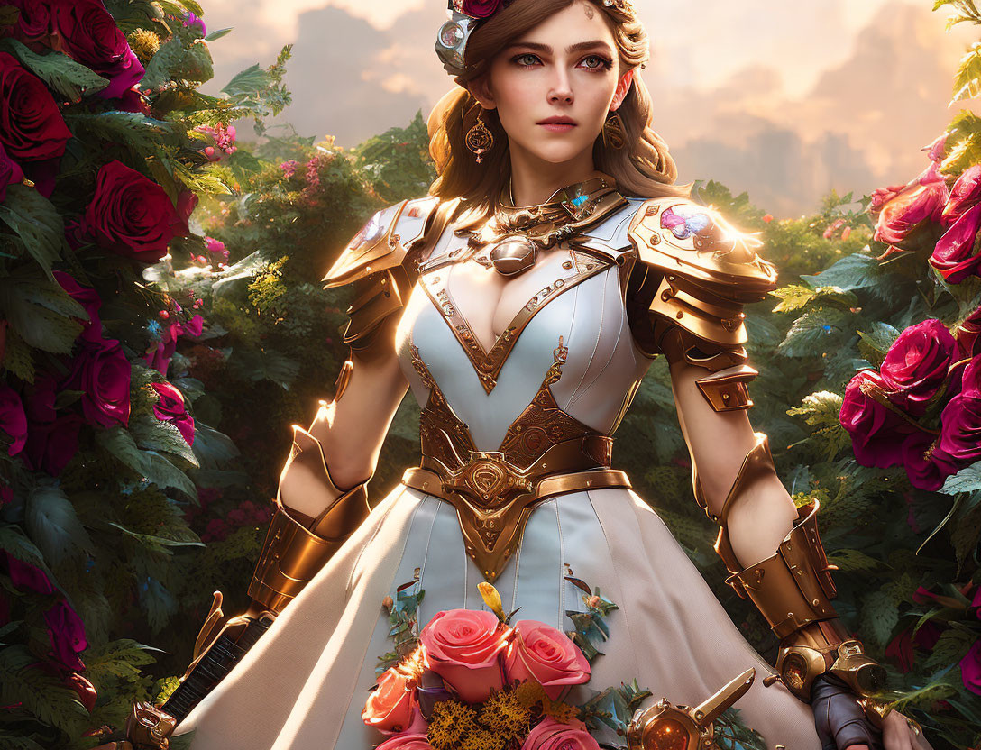 Detailed artwork: Woman in white and gold armor surrounded by vibrant roses