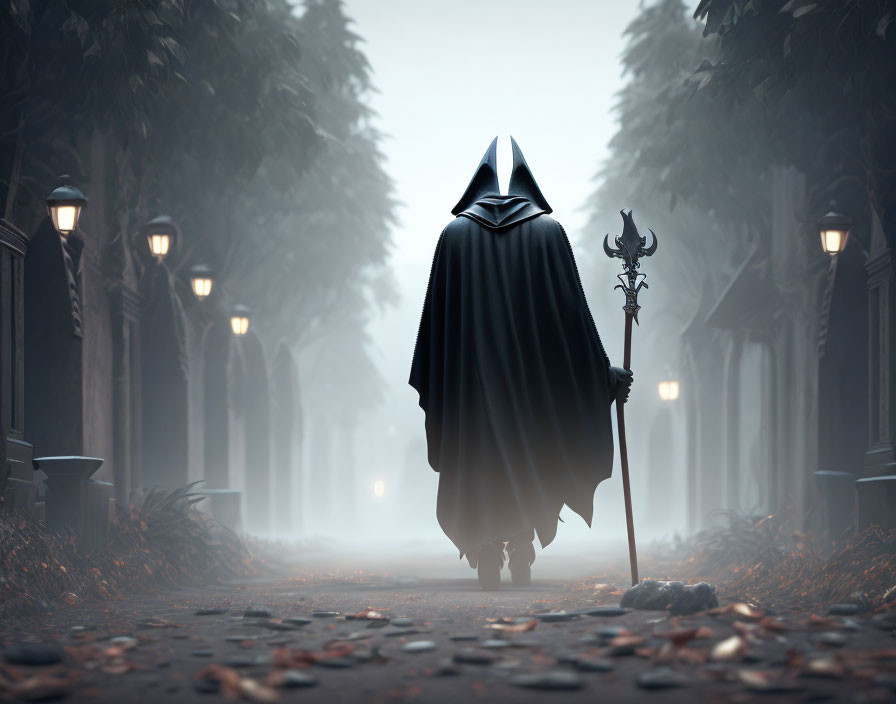 Mysterious figure in black cloak with staff in foggy alley