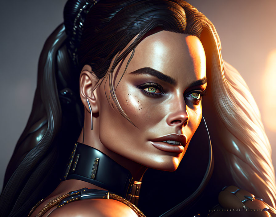 Portrait of Woman: Striking Green Eyes, Freckles, Long Hair & Futuristic Attire