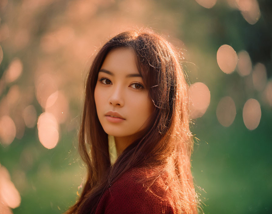 Young woman portrait with long hair and soft-focus background.