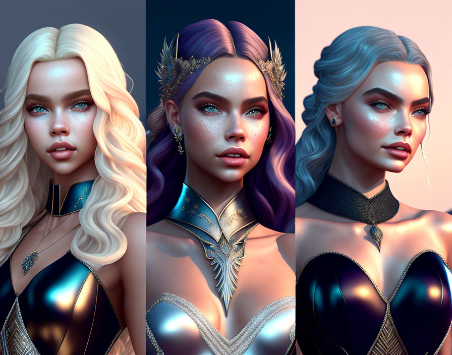 Three stylized portraits of a female character with various hairstyles and fantasy attire, showcasing detailed makeup and accessories