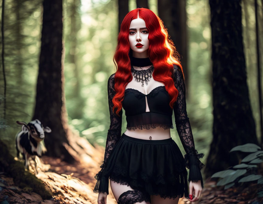 Vibrant red-haired woman in gothic attire with black and white goat in forest