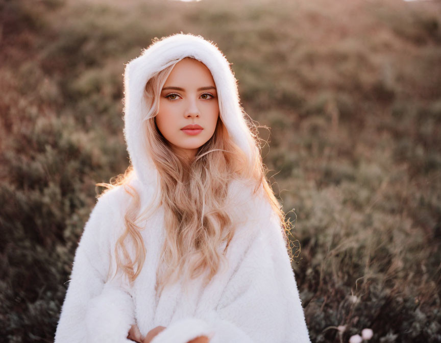 Blond woman in white coat standing in field at dusk