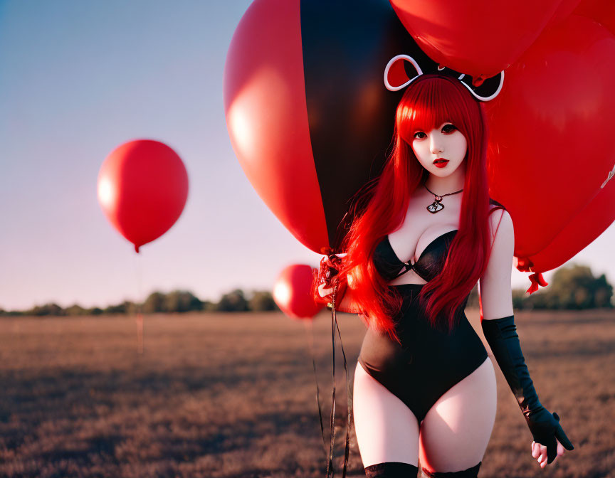 Red-haired person in black outfit with red balloons at sunset