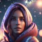 Cosmic-themed digital artwork of a woman with detailed features