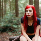 Vivid red-haired woman in lush forest gazes at camera