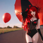 Red-haired person in black outfit with red balloons at sunset