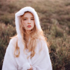 Blond woman in white coat standing in field at dusk