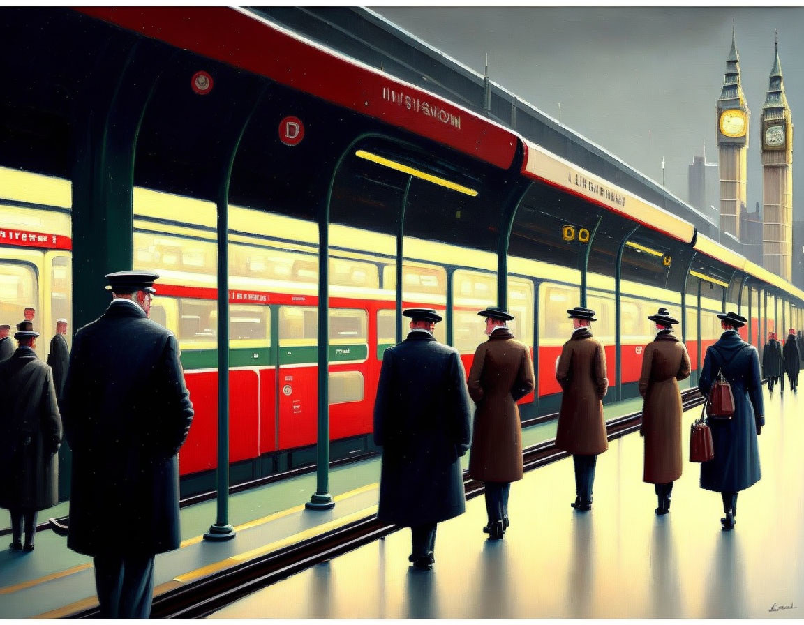 Vintage Attired Passengers Await Red Train with Big Ben in Foggy Background