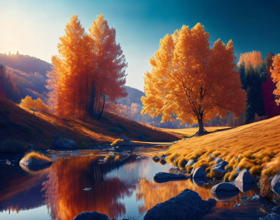 Tranquil autumn landscape with vibrant orange trees and river reflection