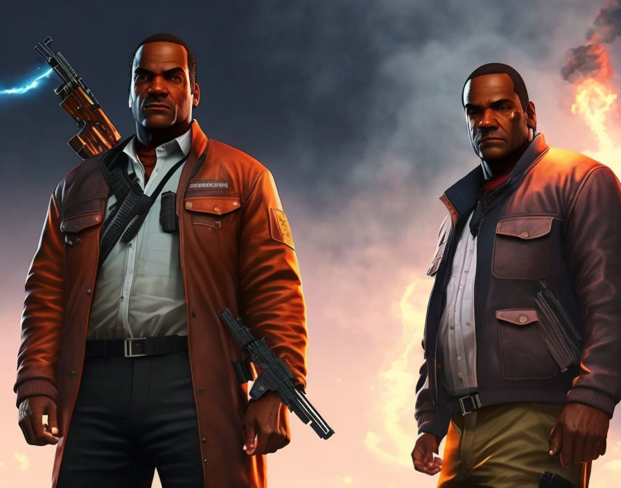 Two animated male characters in brown jackets and dark pants with guns against fiery backdrop