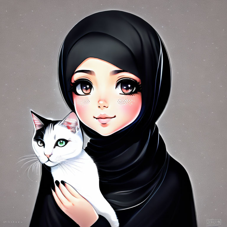 Stylized digital illustration of a girl with black hijab holding a white cat