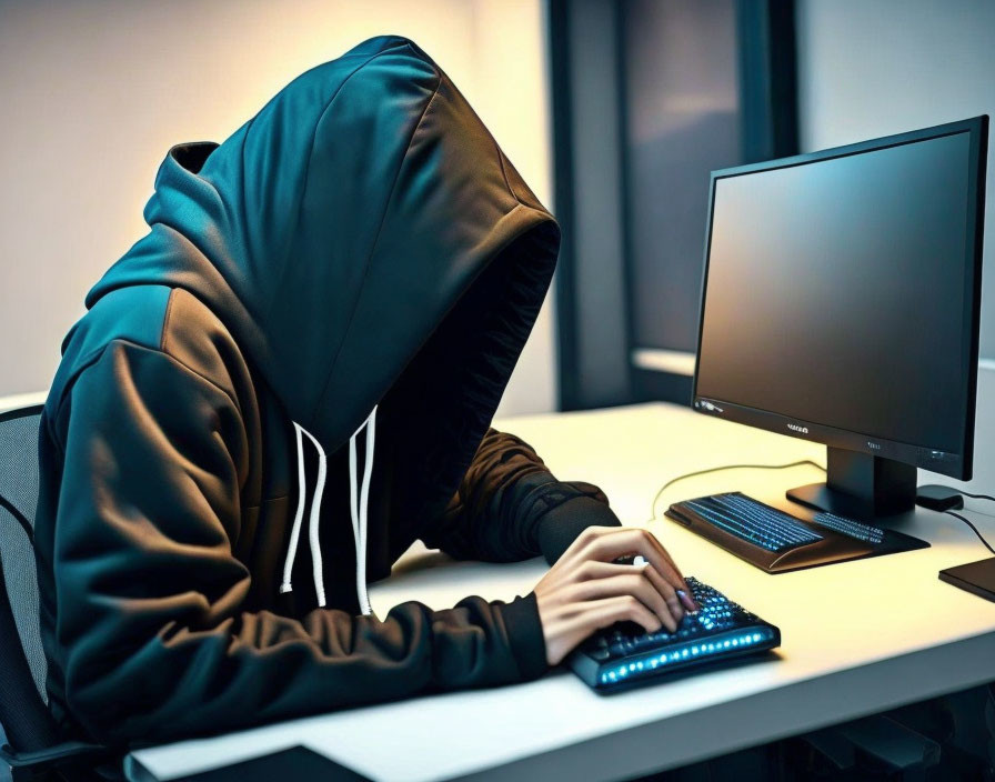 Hooded figure typing on illuminated keyboard in dark room