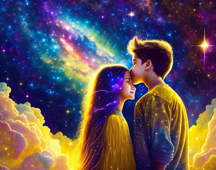 Young couple with cosmic backdrop of stars and nebulae