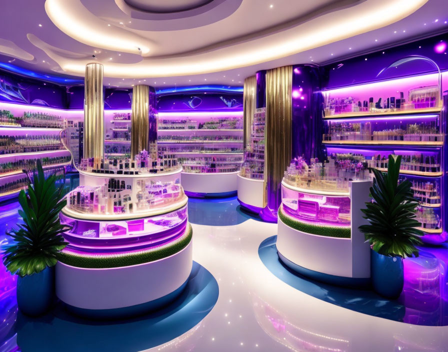 Futuristic cosmetics store interior with purple lighting and circular shelves