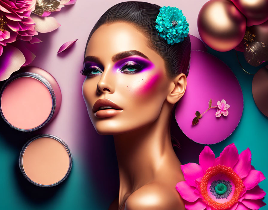 Colorful makeup woman with flower, cosmetics, and floral accents on pink backdrop