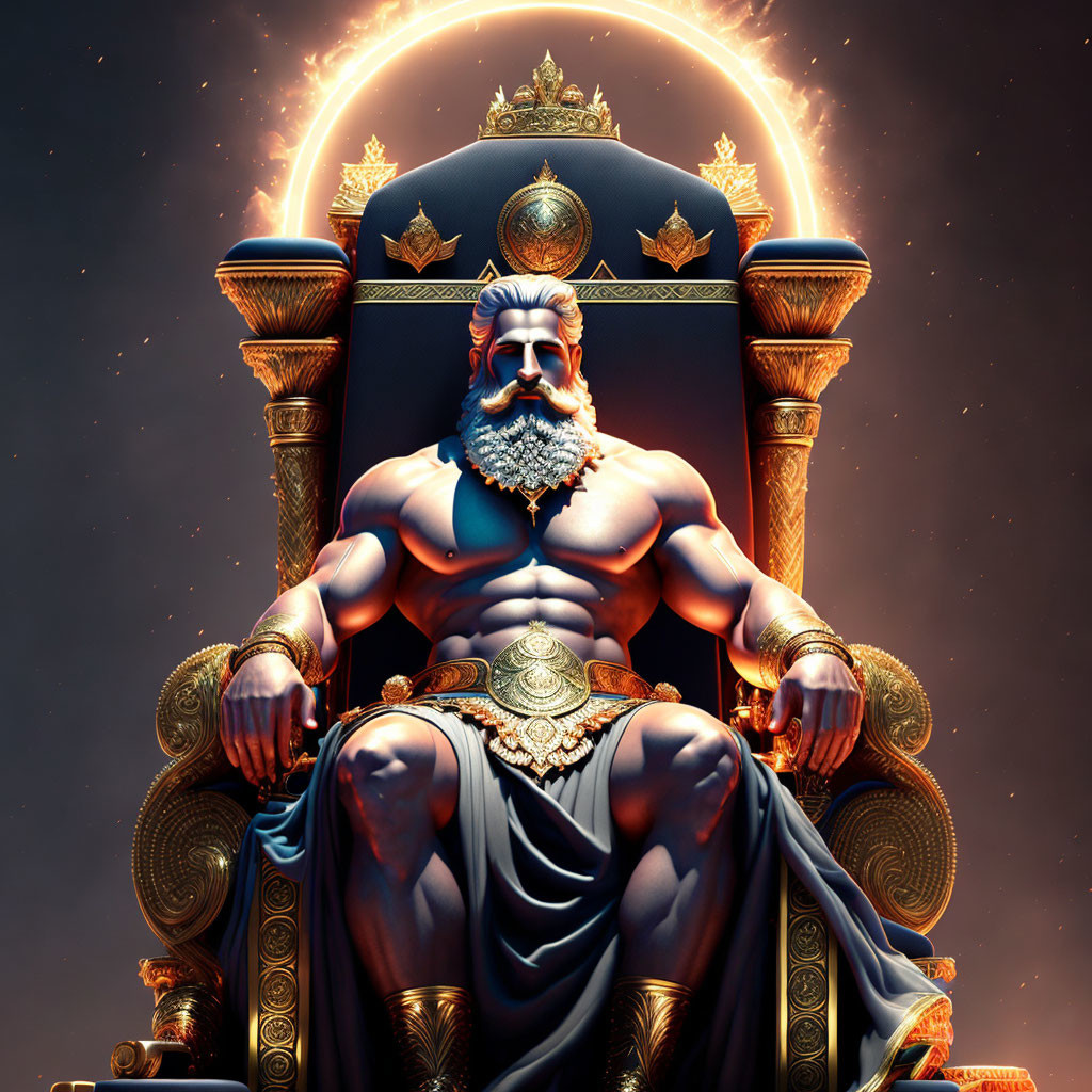 Muscular male figure on golden throne against fiery backdrop