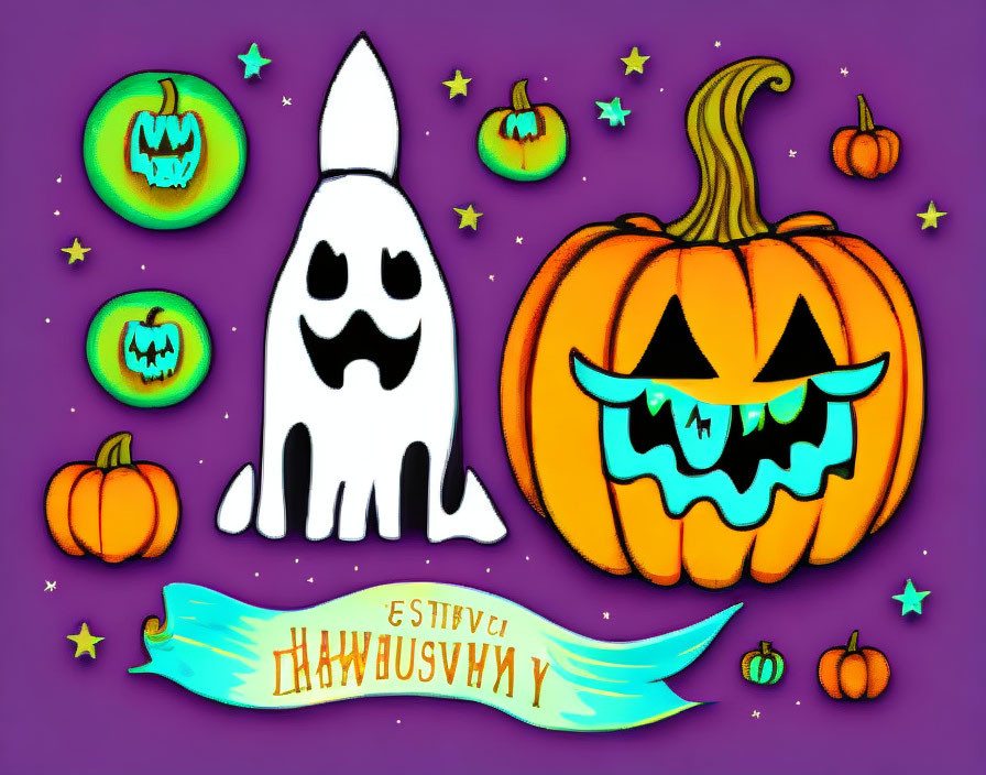 Vibrant Halloween illustration with ghost, jack-o'-lantern, and pumpkins on purple background