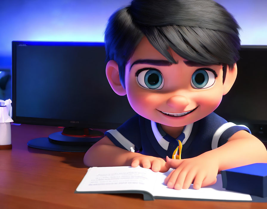 3D animated character with large green eyes smiling at desk with book, pen, and monitor