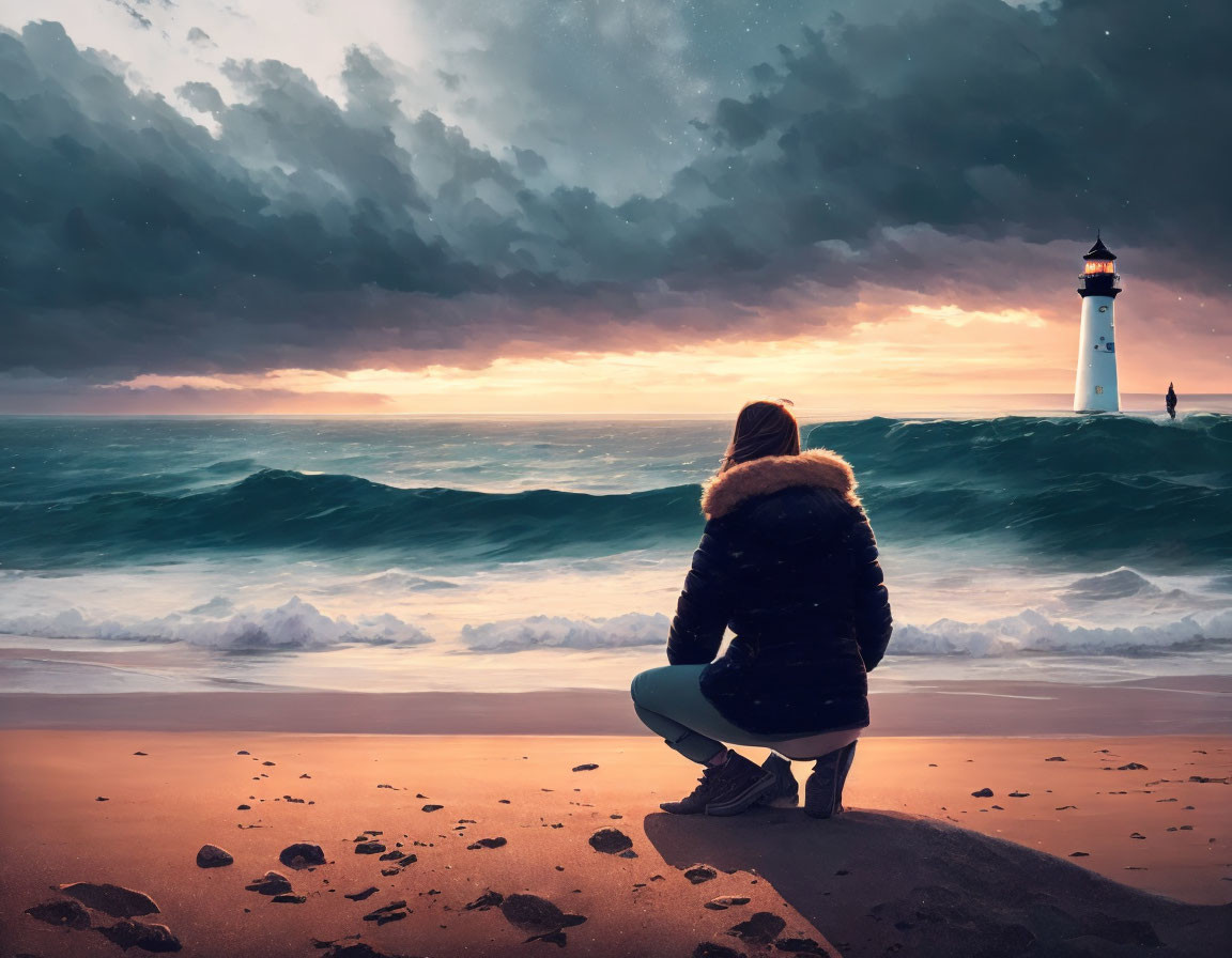 Beach scene at twilight with lighthouse, starry sky, and dramatic clouds