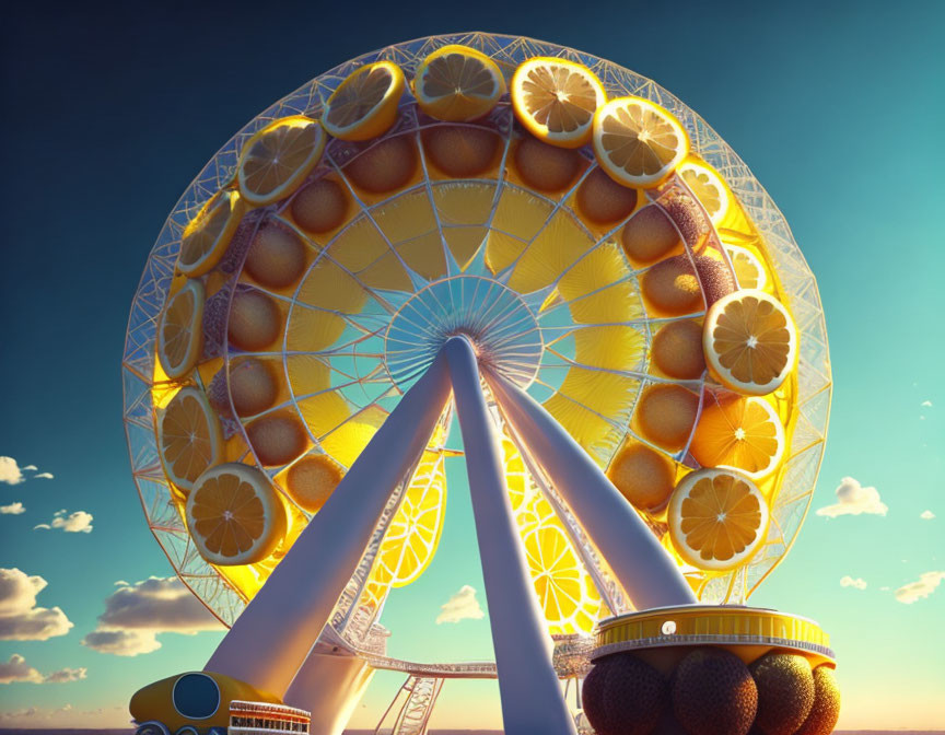 Colorful Ferris Wheel with Citrus Fruit Cabins in Sky with Fluffy Clouds