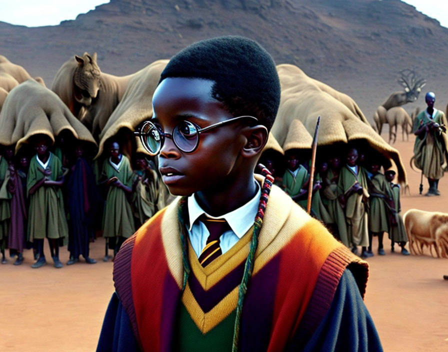 Young person in glasses in Hogwarts-style uniform with camels and traditional clothing in background