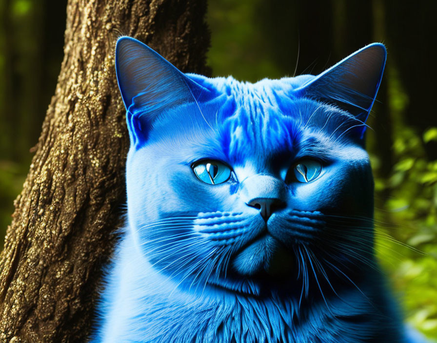 Vibrantly Saturated Blue Cat with Striking Eyes in Natural Background