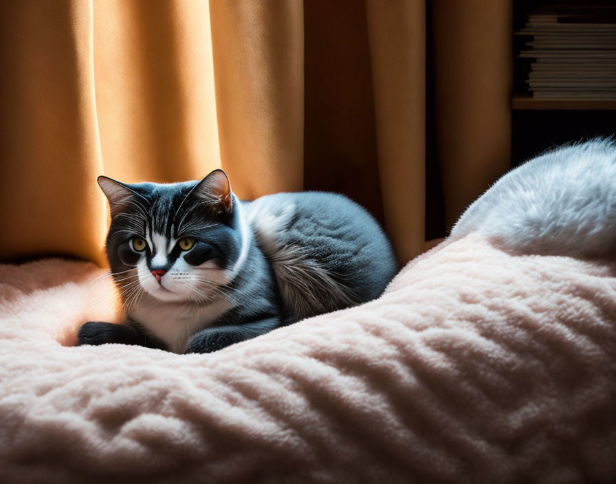 Strikingly marked cat relaxing on fluffy surface under warm golden light