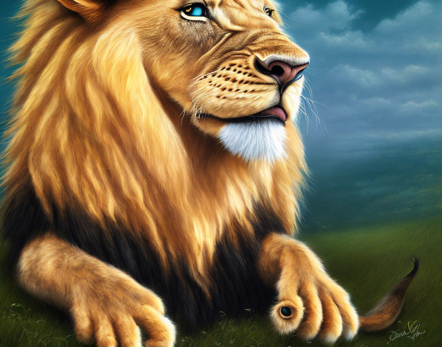 Detailed male lion illustration in golden mane against green fields and blue sky