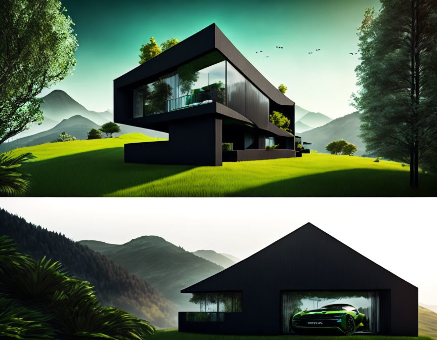 Modern cantilevered house with large windows in green hills and garage with sports car, birds in