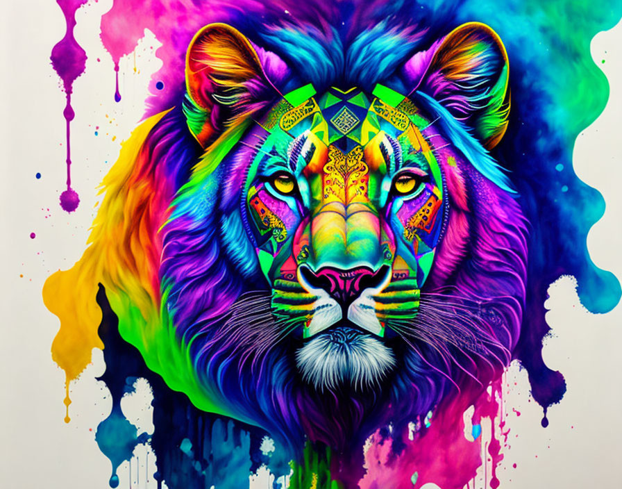 Colorful Lion Face Painting with Tribal Patterns and Rainbow Hues