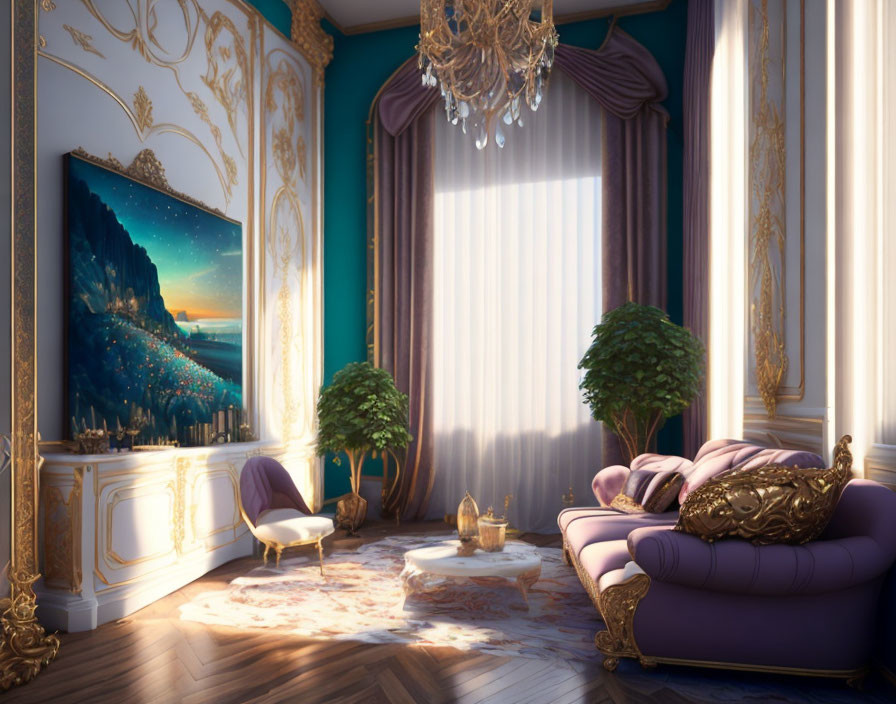 Luxurious teal and gold room with crystal chandelier, plush purple sofa, and scenic painting.