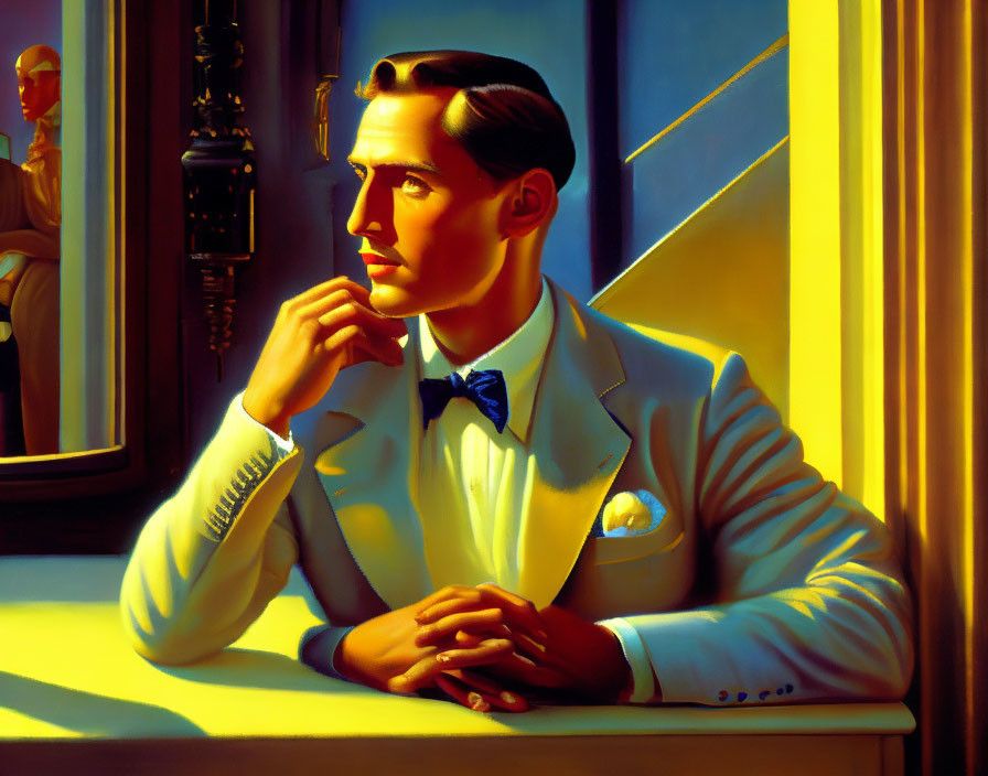 Stylized portrait of a man in white suit and blue bow tie by sunlit window.