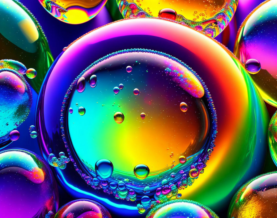 Colorful bubbles with reflections and droplets creating psychedelic patterns