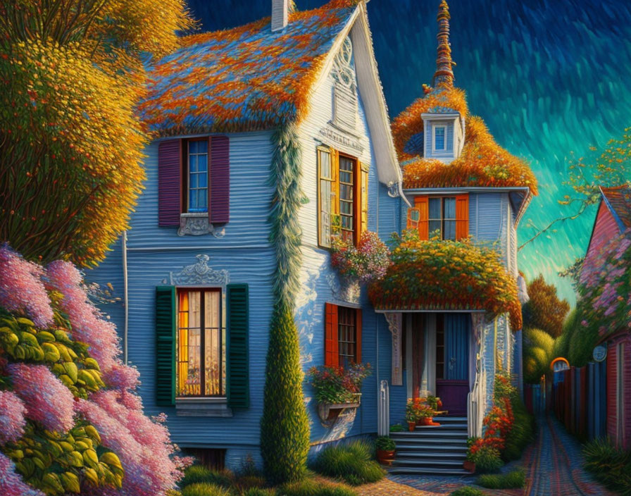 Blue Cottage with Autumn Foliage and Ivy in Twilight Setting