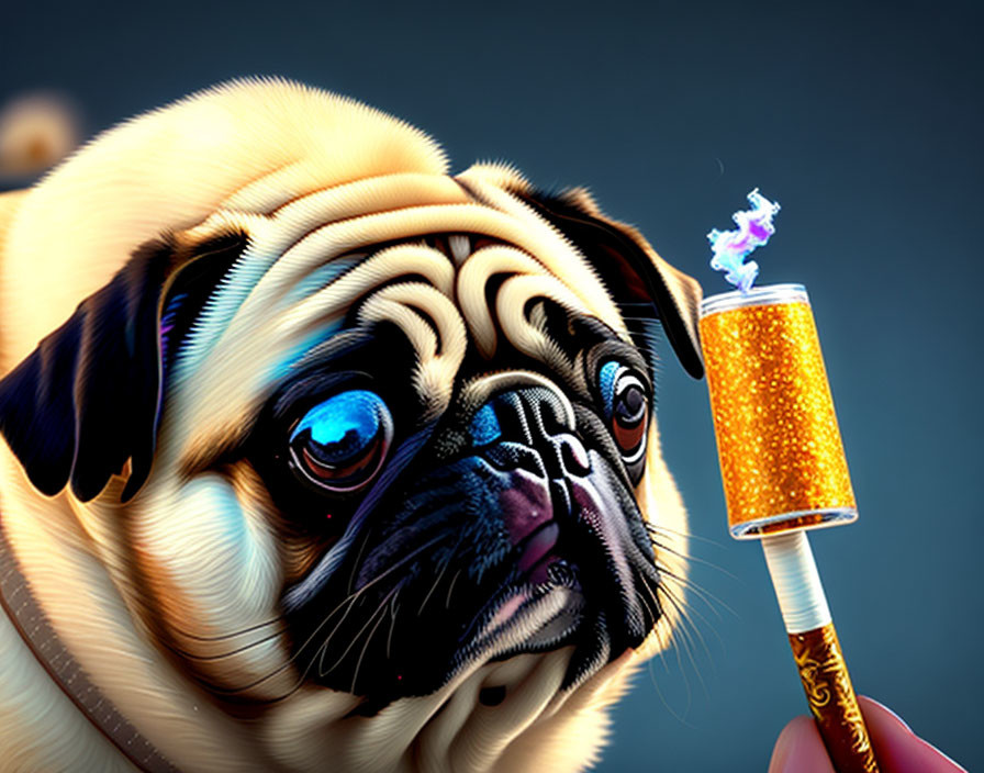 Stylized pug with large blue eyes and firework.