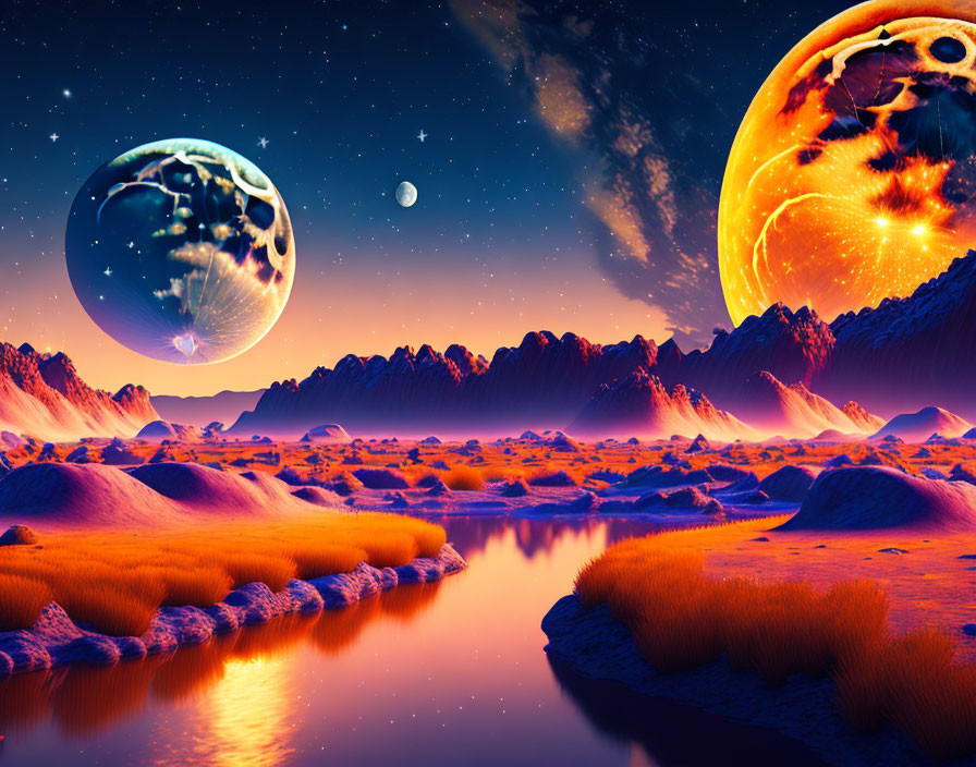 Alien landscape digital art: celestial bodies, surreal colors, glowing river