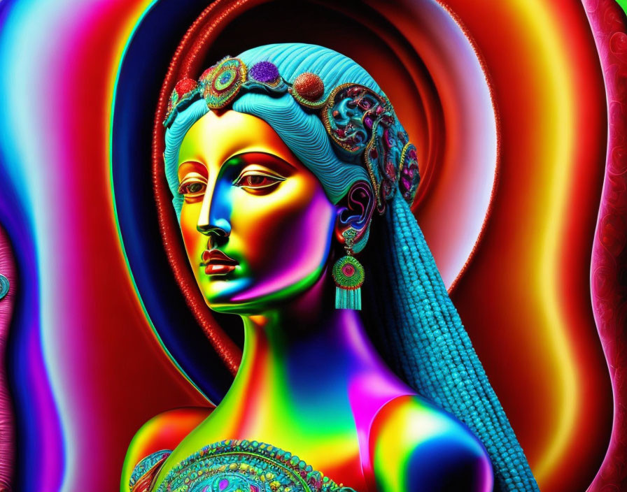 Colorful digital artwork of a woman with intricate headgear and jewelry