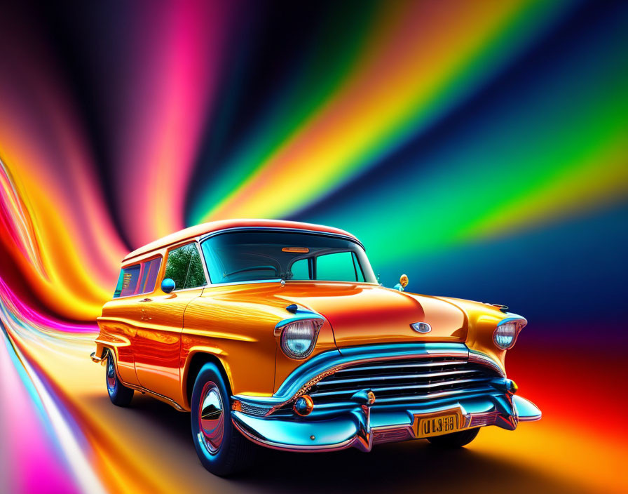 Vintage Orange Station Wagon on Neon Background