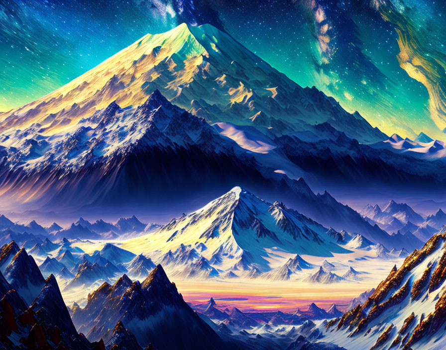 Digital Art: Snow-capped Mountains Under Starry Night Sky